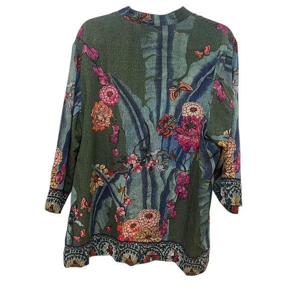 Citron butterfly flower button down blouse novelty print 1X split sleeve - Picture 2 of 10